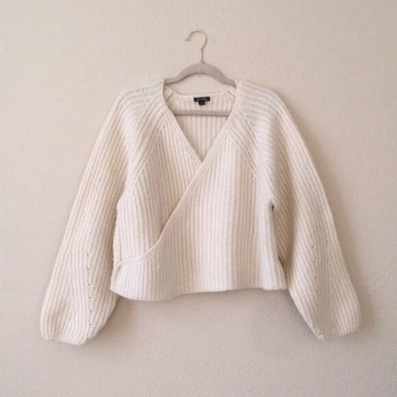 Wild Fable Wrap Sweater Pointelle Sleeves V Neckline Ivory - Picture 6 of 14